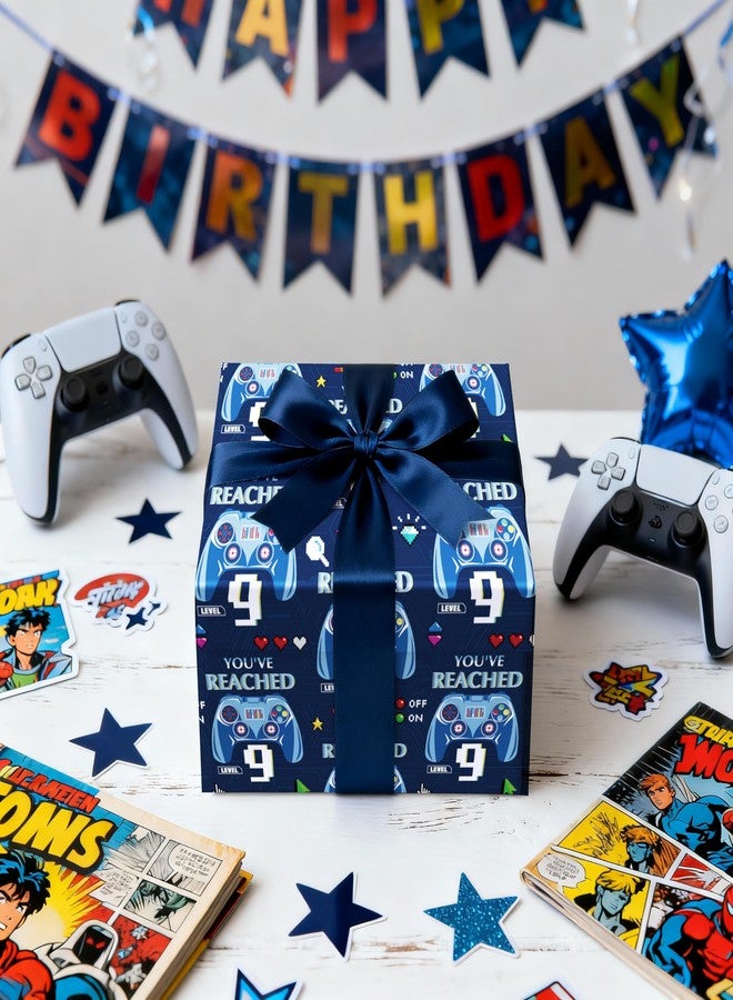 LeZakaa 9th Birthday Wrapping Paper Roll for Kids Boys, Level 9 Game Controller & Pixel Icons Blue Age9 Birthday Gift Wrap, Gamer Party Decorations, Mini Roll 17 in x 16.4 Ft - Image 3